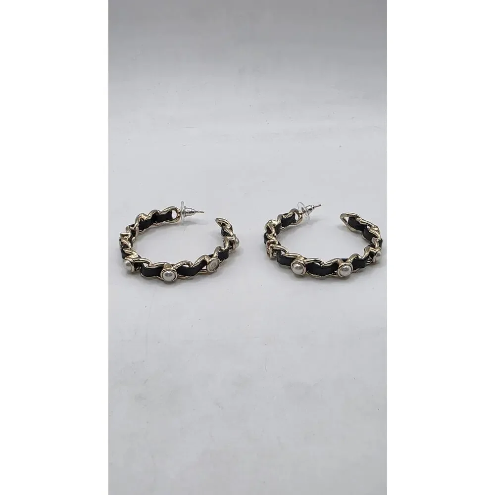 Chanel 2019 Faux Pearl Leather Interlocking CC Hoop Earrings